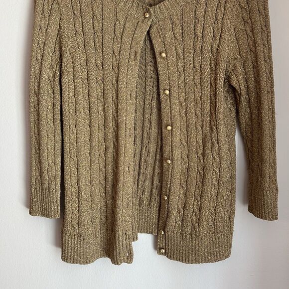 Talbots Gold metallic holiday Cable Knit sparkle Cardigan sweater Women’s large - Picture 3 of 9